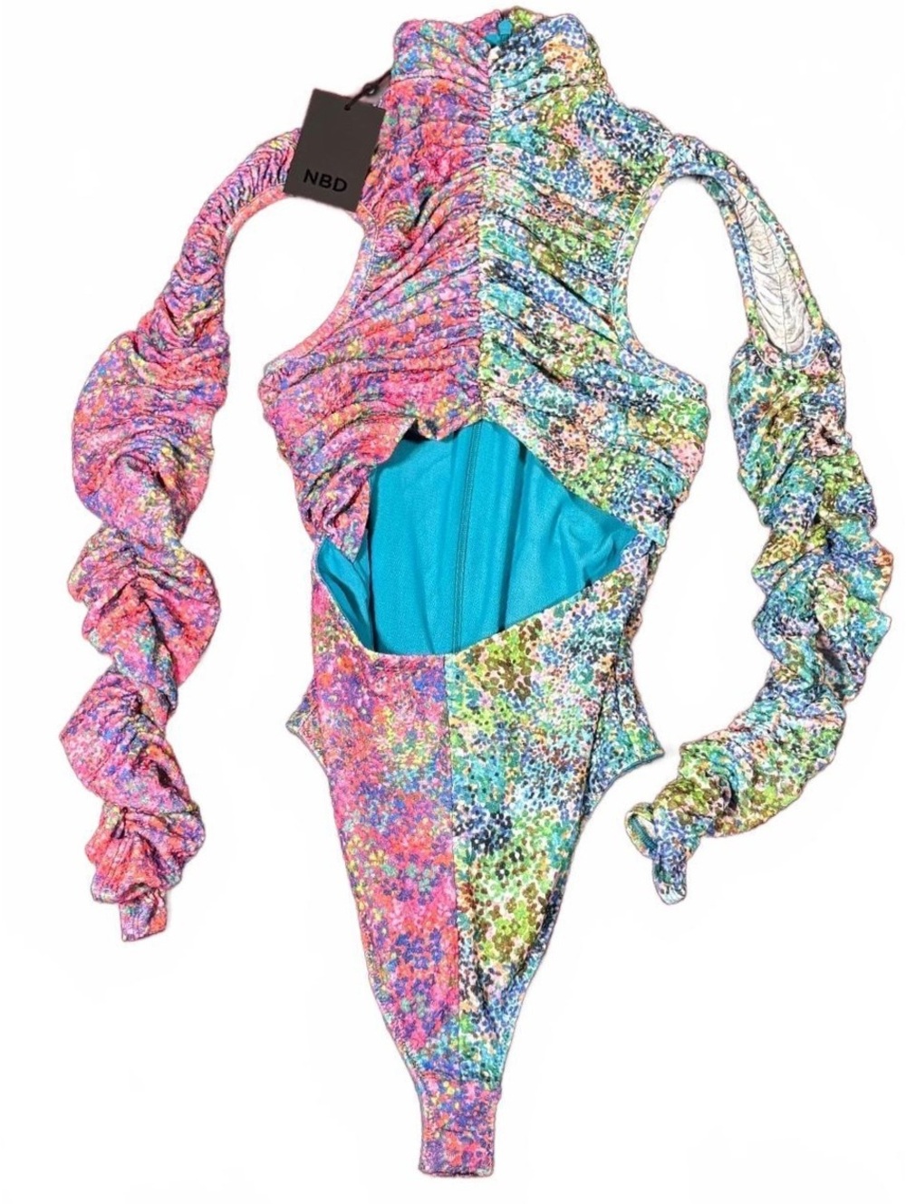 NWT NBD Revolve Colorblock Ruched Cutout Bodysuit Size XXS Floral Long Sleeve